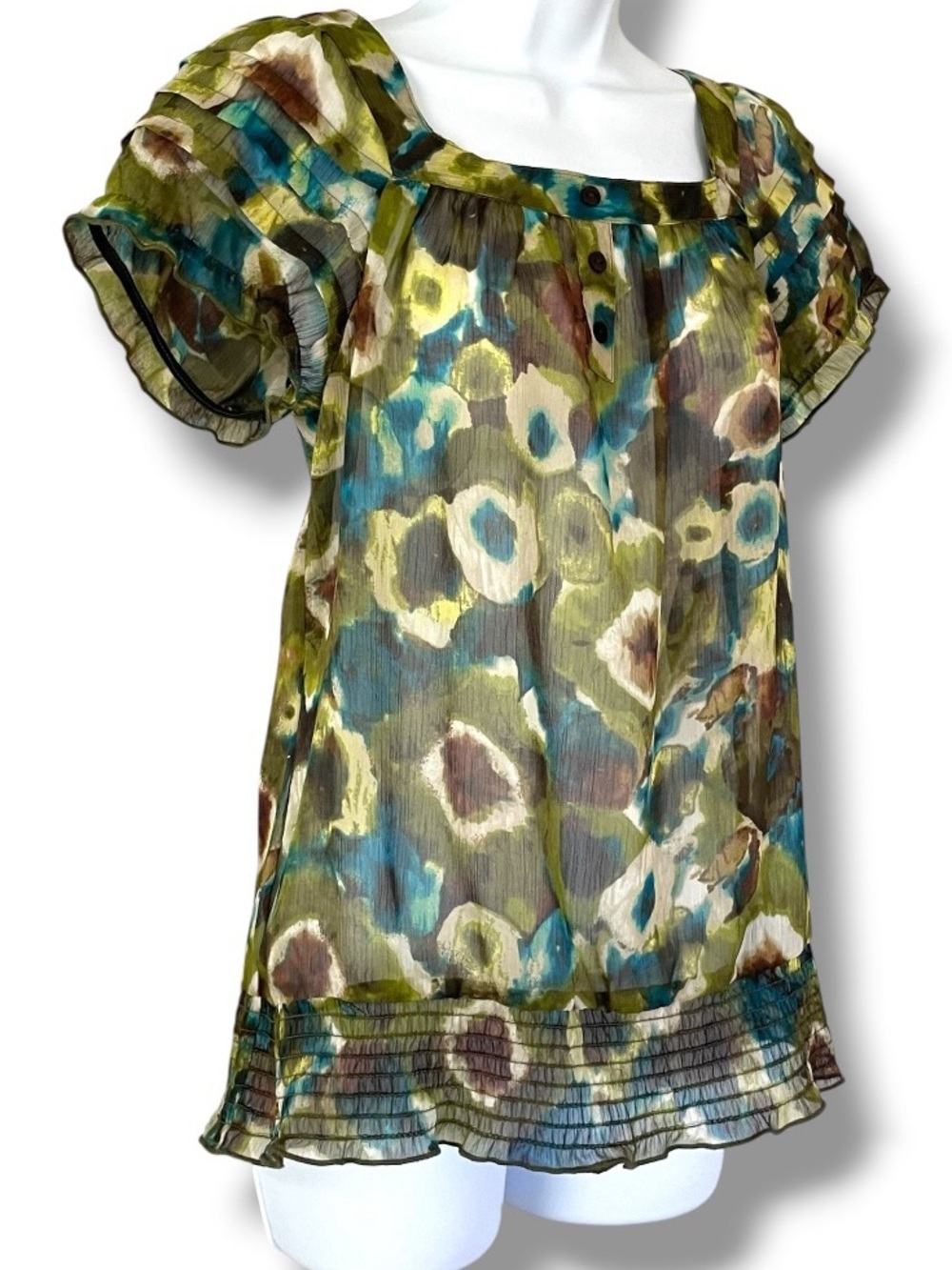 BCX Sheer Floral Blouse Boho Peasant Top Ruffle Sleeve Smocked Hem Green Blue